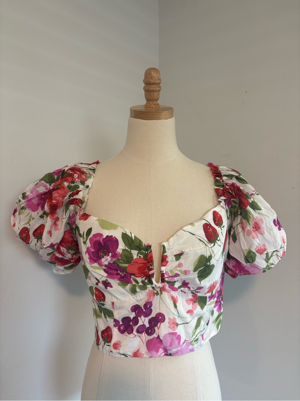 Abercrombie & Fitch White Floral Puff Sleeve Crop Top with Pink & Green